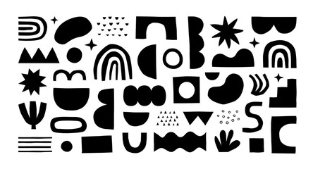 Fototapeta na wymiar Abstract organic shape seamless pattern with black and white geometric doodles. Flat cartoon background, simple random shapes print texture.