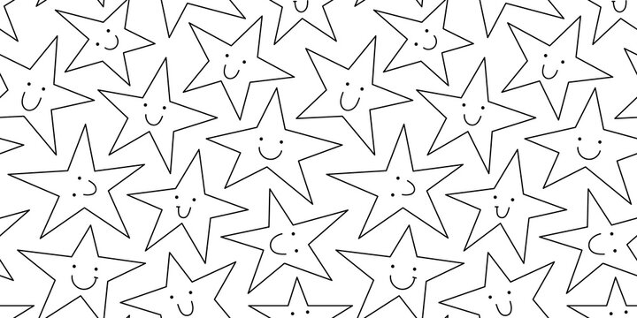 Black and white star line doodle seamless pattern illustration with funny smiling face. Celebration background print. Birthday event, holiday backdrop texture, party design.