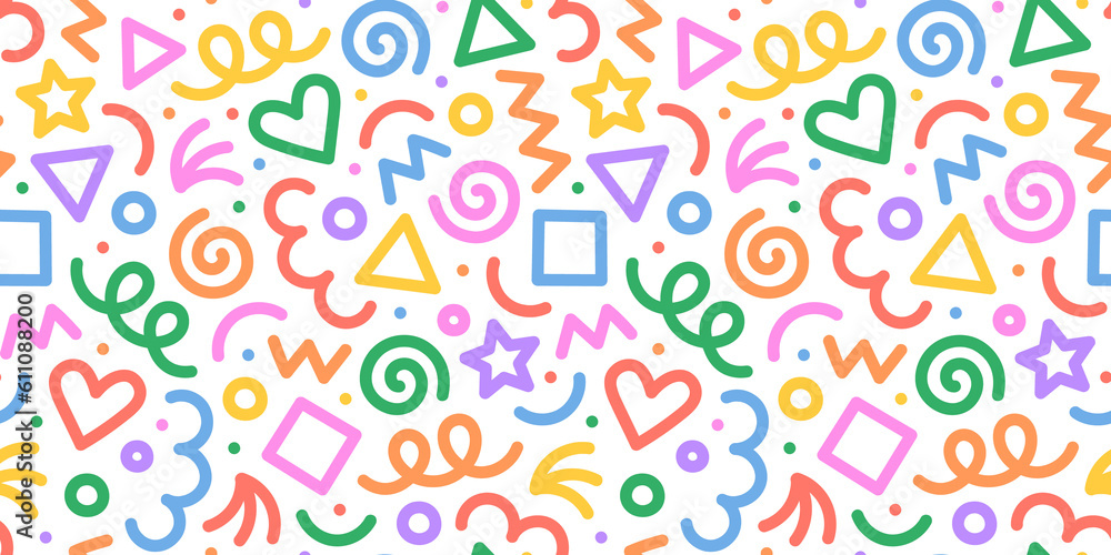 Leinwandbilder Fun colorful line doodle seamless pattern. Creative minimalist style art background for children or trendy design with basic shapes. Simple party confetti texture, childish scribble shape backdrop.	