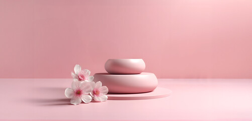Abstract minimal concept. Round podium with sakura cherry blossom flower on pink background. Mock up template for product presentation. 3D rendering. copy text space
