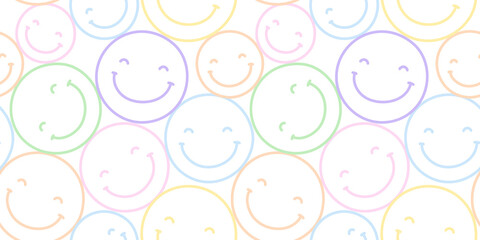 Colorful y2k smiling face cartoon doodle seamless pattern. Funny retro smile faces background illustration. Vintage character wallpaper, fun pastel color  print.
