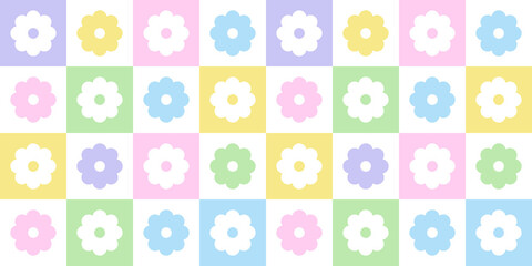 Trendy floral seamless pattern illustration. Vintage 70s style hippie flower background design. Geometric pastel color checkered artwork, y2k nature backdrop with daisy flowers.	