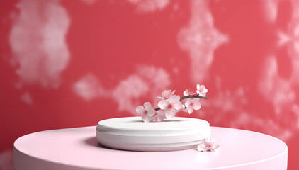 Abstract minimal concept. Round podium with sakura cherry blossom flower on pink background. Mock up template for product presentation. 3D rendering. copy text space
