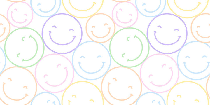 Colorful y2k smiling face cartoon doodle seamless pattern. Funny retro smile faces background illustration. Vintage character wallpaper, fun pastel color  print.