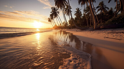 Sunset Serenade: A Captivating Low Angle View of a Beach Paradise. Generative AI