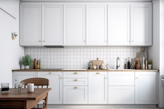 A typical white kitchen with a wooden table, with white cabinets near the wall, in the style of industrial and product design.