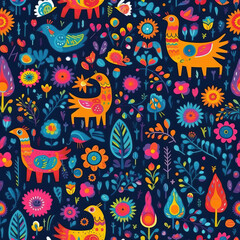 Obraz premium Folk art fantasy animals cute repeat pattern