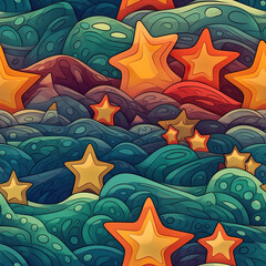 Sea stars on a beach seamless repeat pattern - fantasy colorful cubism, abstract art [Generative AI]
