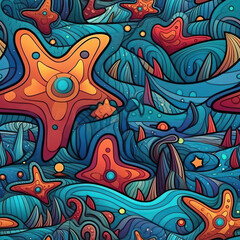 Fototapeta na wymiar Sea stars on a beach seamless repeat pattern - fantasy colorful cubism, abstract art [Generative AI] 