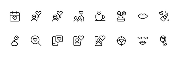 
Dating icon, relationship vector set design with Editable Stroke. Line, Solid, Flat Line, thin style and Suitable for Web Page, Mobile App, UI, UX design.