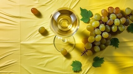
A glass of white wine against the background of bunches of different grapes. Banner with place for text.
illustration, generative ai