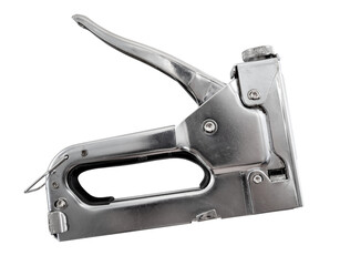Industrial stapler for working with staples on a white background. Stapler with signs of wear and...