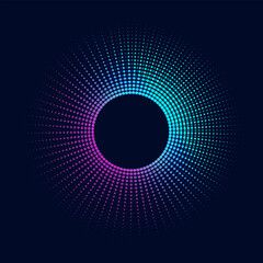 Bright glowing halftone neon circle with gradient rays from dots for disco