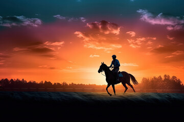 Obraz na płótnie Canvas Horse racing at sunset. Silhouette of thoroughbred and jockey, Generative AI