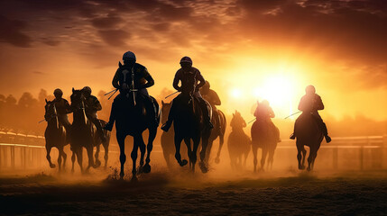 Horse racing at sunset. Silhouette of thoroughbred and jockey, Generative AI