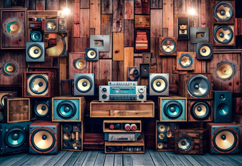 many speakers are grouped into a row, wooden, rustic, generative ai