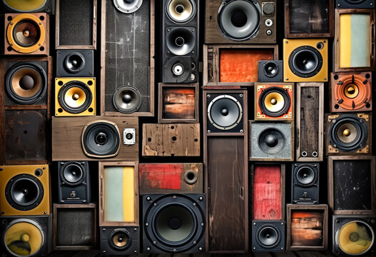 many speakers are grouped into a row, wooden, rustic, generative ai