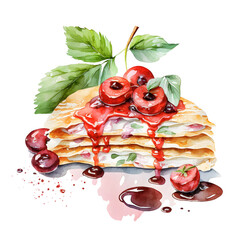 Watercolor Pancakes with cherries and maple syrup
