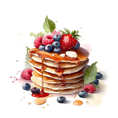 Watercolor Pancakes with blueberries, raspberries and strawberries with maple syrup