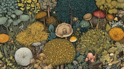 a Horizontal format, Forest floor with hedgehogs, mushrooms, lichens, grasses, moss, leaves, background Pattern, Nature-themed, Old world illustration in JPG. Generative AI