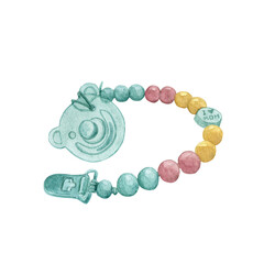 A toy for teething a newborn with colorful beads. Watercolor illustration, hand-drawn and isolated on a white background. suitable for postcards, posters, invitations, tags, printing, children's room