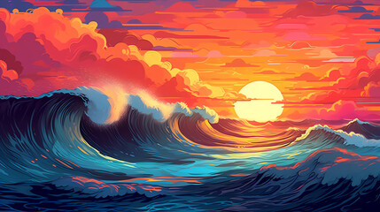 Hand drawn illustration of beautiful sea waves at sunset
