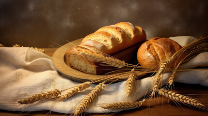Bread and wheat ears on a wooden background