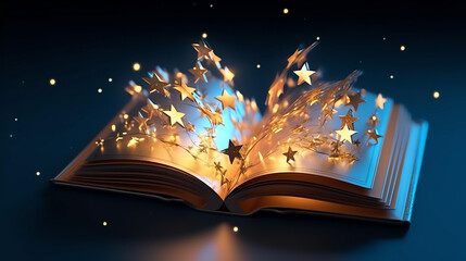 Magic book with glowing stars on dark background
