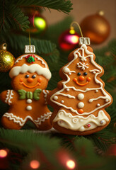 Christmas gingerbread on the background of the Christmas tree. AI Generated