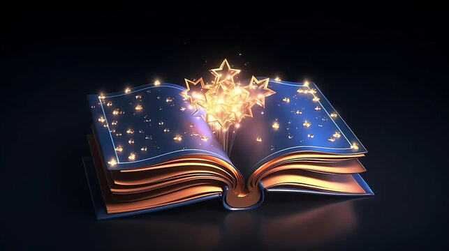 Magic book with glowing stars on dark background
