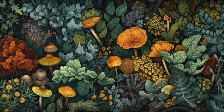 a Horizontal format, Forest floor with hedgehogs, mushrooms, lichens, grasses, moss, leaves, background Pattern, Nature-themed, Old world illustration in JPG. Generative AI
