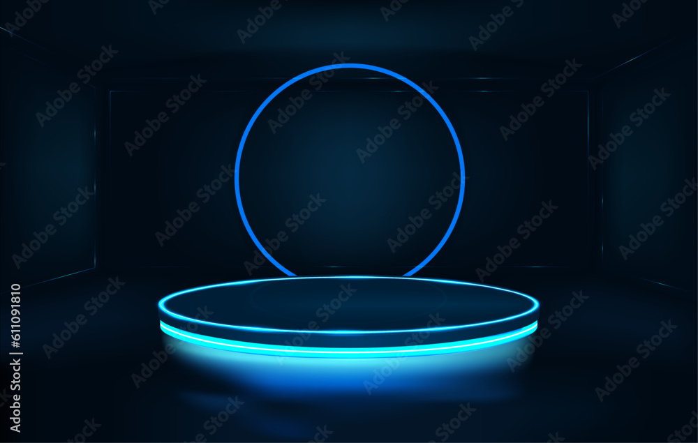 Leinwandbilder futuristic room with circle neon podium and a round neon lamp. 3d space with empty stage. dark futur
