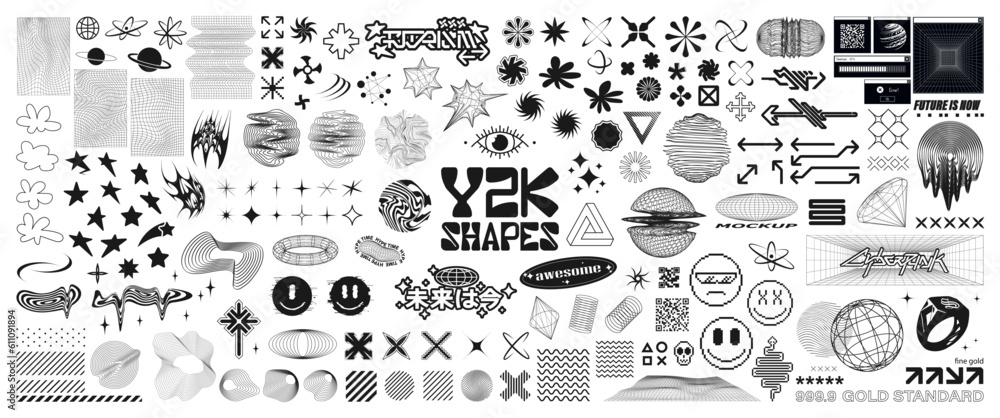 Poster y2k, rave, retrofuturistic concept elements with glitch and liquid effect. acid y2k geometric shapes