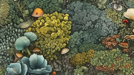 a Horizontal format, Forest floor with hedgehogs, mushrooms, lichens, grasses, moss, leaves, background Pattern, Nature-themed, Old world illustration in JPG. Generative AI