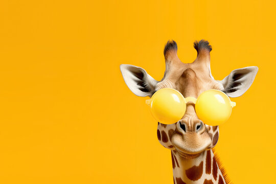 Cute giraffe in funny yellow googles, isolated on yellow background with copyspace. Generative AI