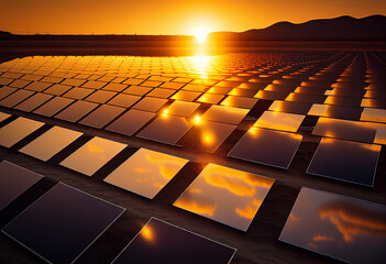 Obraz premium Long row of solar panels at sunset. AI Generated