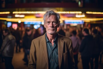 Fototapeta premium Environmental portrait photography of a glad mature man wearing a smart pair of trousers against a lively concert venue background. With generative AI technology