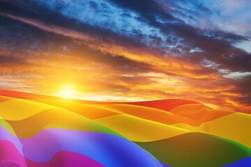 Waving LGBT pride flag on sunset sky with flying birds, rainbow flag background. Multicolored peace flag movement.