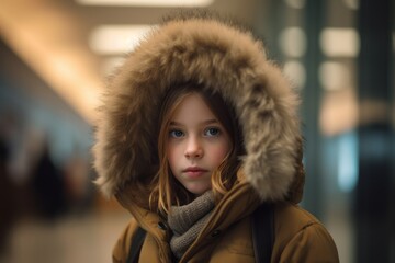 Photography in the style of pensive portraiture of a glad kid female wearing a warm parka against a quiet library background. With generative AI technology