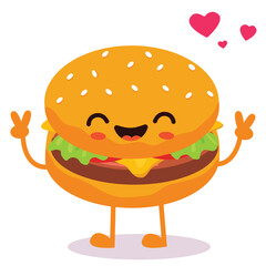 Happy smiling Kawaii cute burger. Vector flat cartoon character illustration icon design. Isolated on white background. burger, fast food