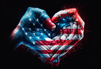 Hands in the colors of the American flag form a heart. AI Generated