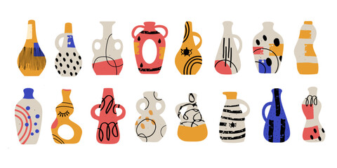 Ancient textured pottery set. Antique ceramic vases amphora jar silhouette shapes, hand drawn isolated icons. Modern vector flat illustration