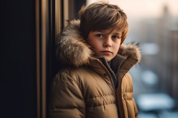Medium shot portrait photography of a tender boy in his 30s wearing a cozy winter coat against a luxurious penthouse background. With generative AI technology