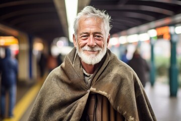 Medium shot portrait photography of a glad mature man wearing a unique poncho against a bustling subway station background. With generative AI technology