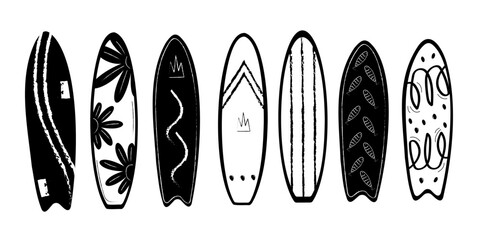 Set of vector cartoon surfboard in summer design with leaves, waves. Surfing Sport, Ocean Waves. Summer Activity, Lifestyle.