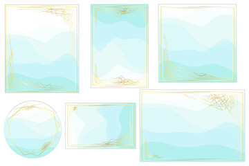 set de ilustraciones vectoriales con tematica de ondas azules y lineas doradas, para invitaciones cartas o postales