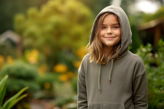 Medium shot portrait photography of a grinning kid female wearing a comfortable hoodie against a serene tea garden background. With generative AI technology