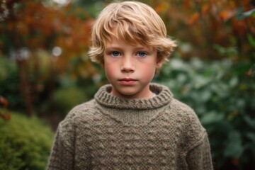 Close-up portrait photography of a tender boy in his 30s wearing a cozy sweater against a tranquil japanese garden background. With generative AI technology