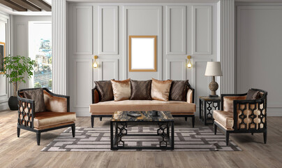 3D rendering of neoclassical living room interior. furniture set