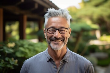 Close-up portrait photography of a grinning mature man wearing a casual short-sleeve shirt against a tranquil japanese garden background. With generative AI technology